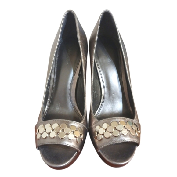Calvin Klein Caleigh Metallic Leather Peep Toe Pumps Silver Platform Hee… - Picture 3 of 12